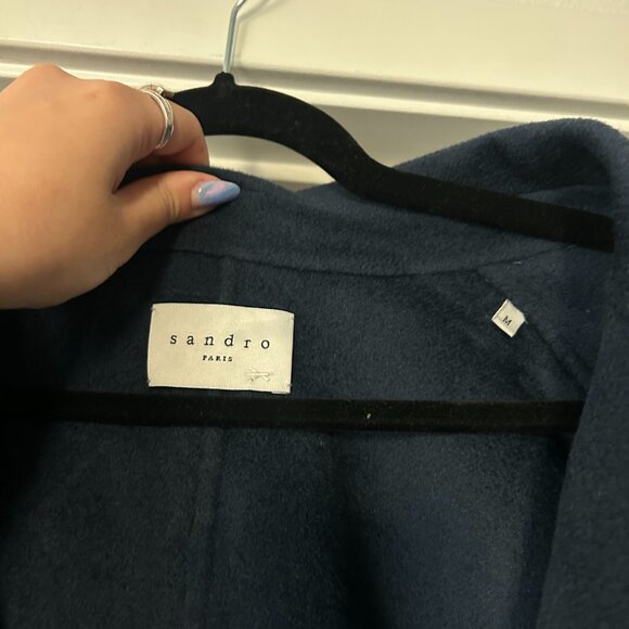 SANDRO navy blue wool cashmere coat with pockets buttons - Picture 4 of 7